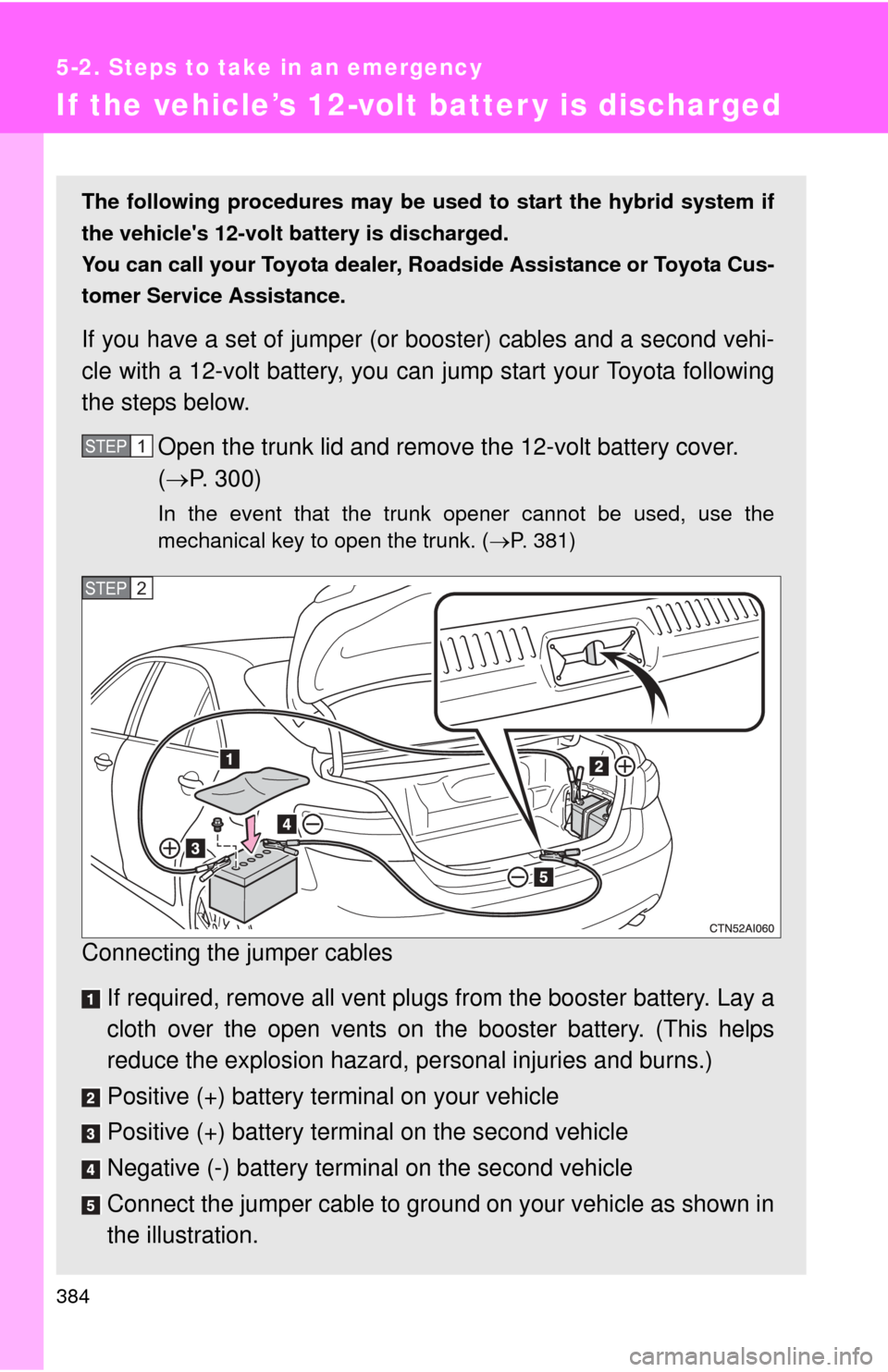 TOYOTA CAMRY HYBRID 2008 XV40 / 8.G Owners Manual 384
5-2. Steps to take in an emergency
If the vehicle’s 12-volt batter y is discharged
The following procedures may be used to start the hybrid system if
the vehicles 12-volt battery is discharged.