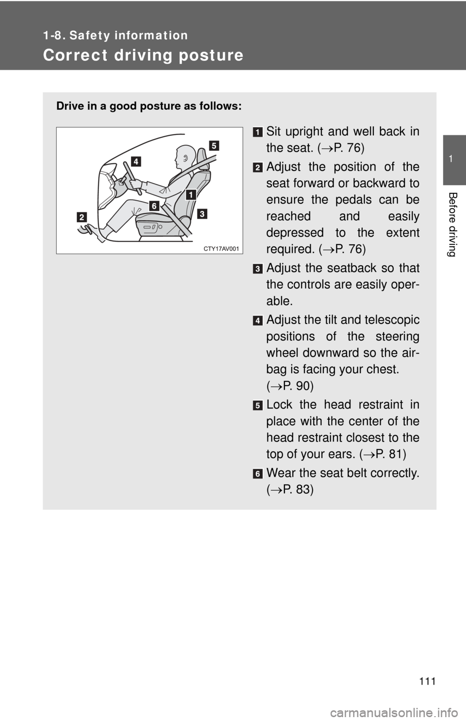 TOYOTA CAMRY HYBRID 2014 XV50 / 9.G Owners Manual 111
1
Before driving
1-8. Safety information
Correct driving posture
Drive in a good posture as follows:
Sit upright and well back in
the seat. (P.  7 6 )
Adjust the position of the
seat forward or