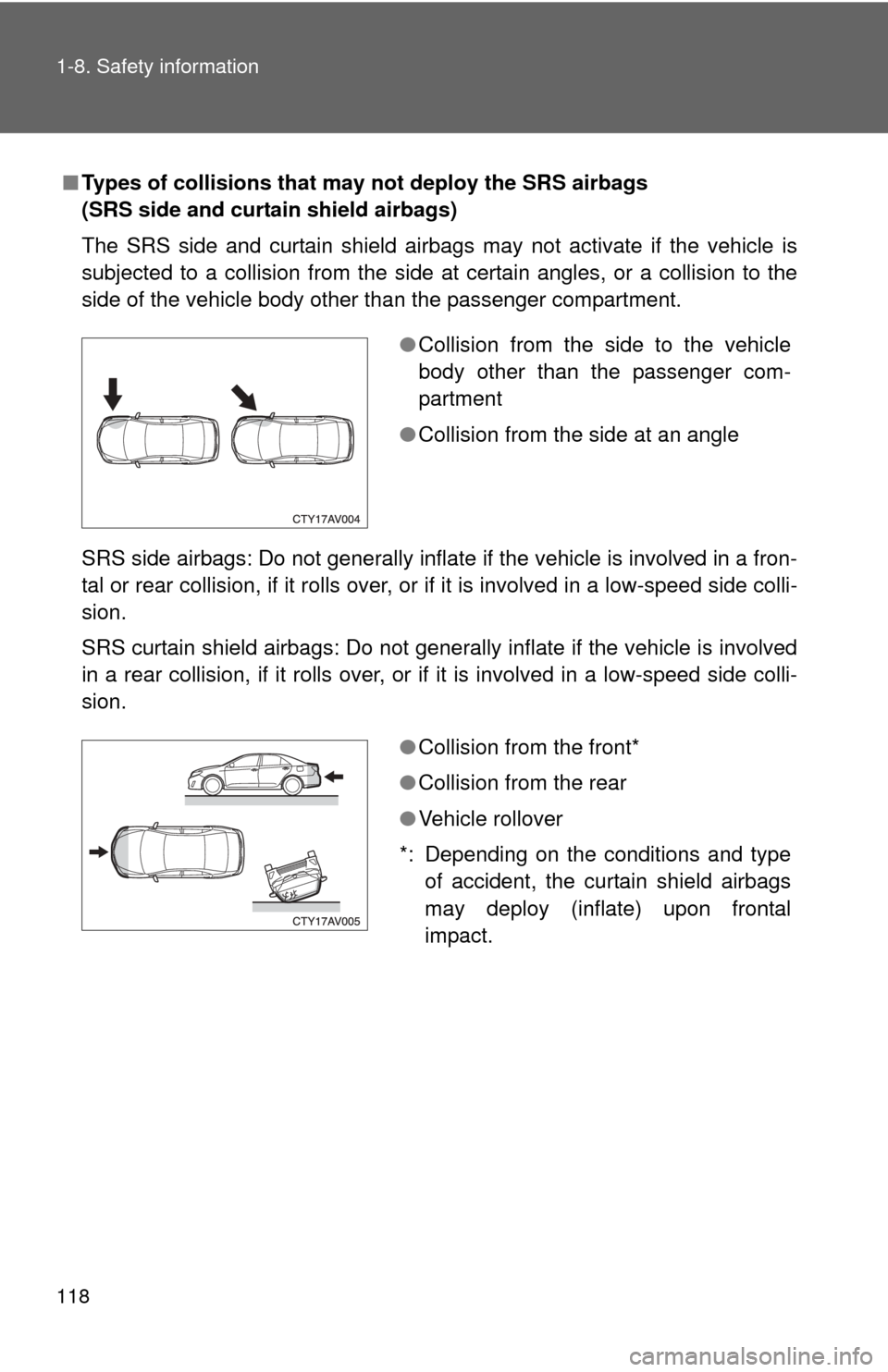 TOYOTA CAMRY HYBRID 2014 XV50 / 9.G Owners Manual 118 1-8. Safety information
■Types of collisions that may not deploy the SRS airbags 
(SRS side and curtain shield airbags)
The SRS side and curtain shield airbags may not activate if the vehicle is