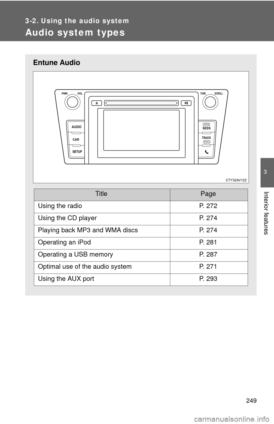 TOYOTA CAMRY HYBRID 2014 XV50 / 9.G Owners Manual 249
3
Interior features
3-2. Using the audio system
Audio system types
Entune Audio
TitlePage
Using the radioP. 272
Using the CD playerP. 274
Playing back MP3 and WMA discsP. 274
Operating an iPodP. 2