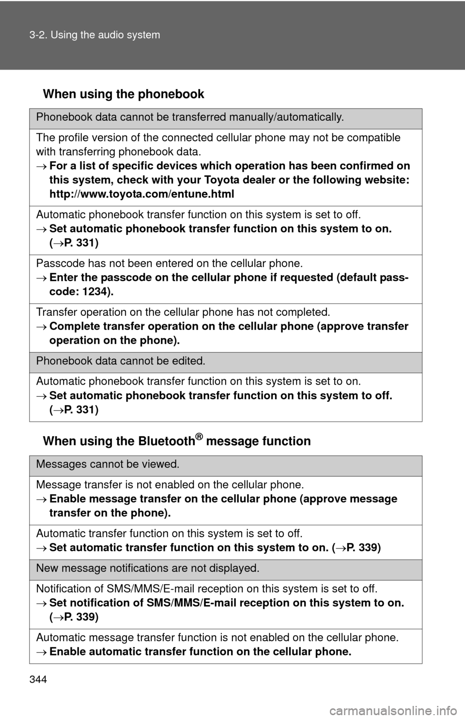 TOYOTA CAMRY HYBRID 2014 XV50 / 9.G Owners Manual 344 3-2. Using the audio system
When using the phonebook
When using the Bluetooth
® message function
Phonebook data cannot be transferred manually/automatically.
The profile version of the connected 