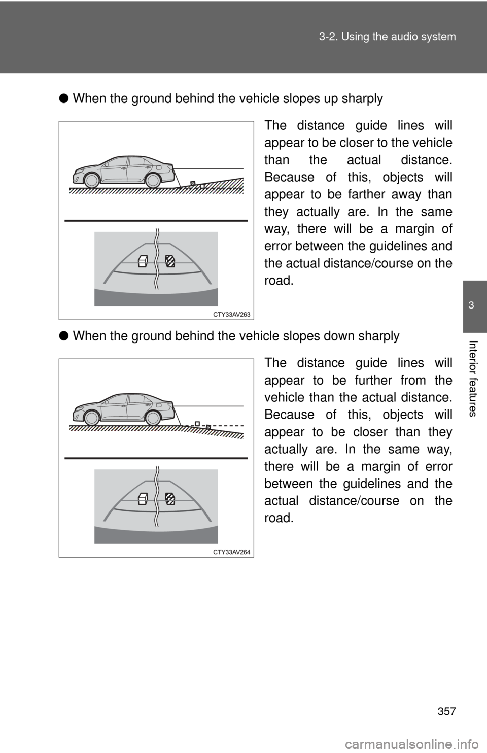 TOYOTA CAMRY HYBRID 2014 XV50 / 9.G Owners Manual 357
3-2. Using the audio system
3
Interior features
●
When the ground behind the vehicle slopes up sharply
The distance guide lines will
appear to be closer to the vehicle
than the actual distance.
