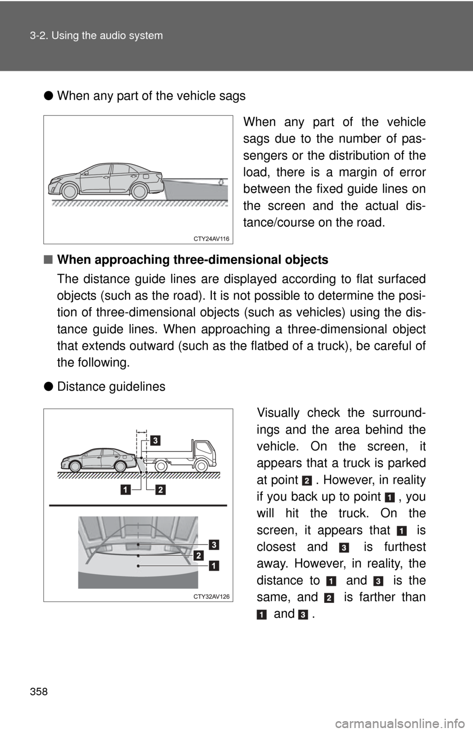 TOYOTA CAMRY HYBRID 2014 XV50 / 9.G Owners Manual 358 3-2. Using the audio system
●When any part of the vehicle sags
When any part of the vehicle
sags due to the number of pas-
sengers or the distribution of the
load, there is a margin of error
bet