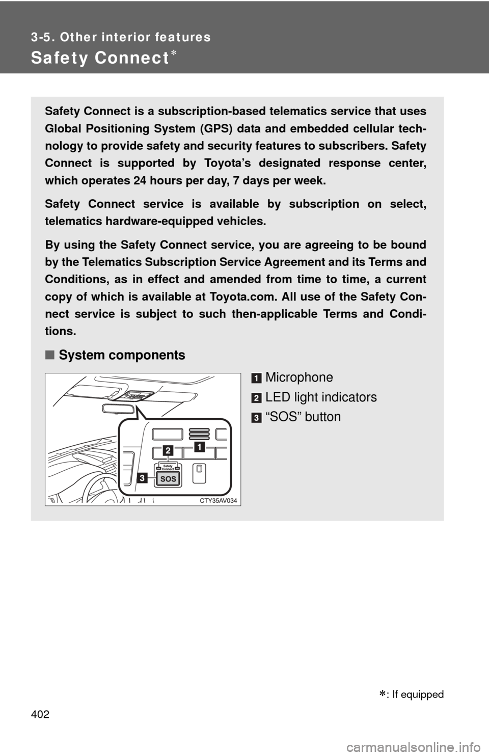 TOYOTA CAMRY HYBRID 2014 XV50 / 9.G Owners Manual 402
3-5. Other interior features
Safety Connect
Safety Connect is a subscription-based telematics service that uses
Global Positioning System (GPS) data and embedded cellular tech-
nology to provid