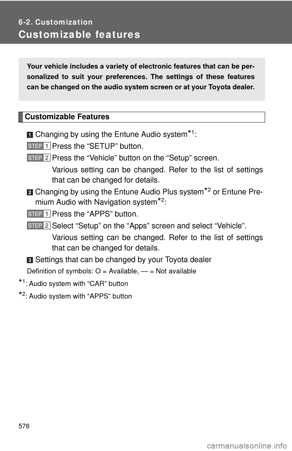 TOYOTA CAMRY HYBRID 2014 XV50 / 9.G Owners Manual 576
6-2. Customization
Customizable features
Customizable FeaturesChanging by using the Entune Audio system
*1:
Press the “SETUP” button.
Press the “Vehicle” button  on the “Setup” screen.