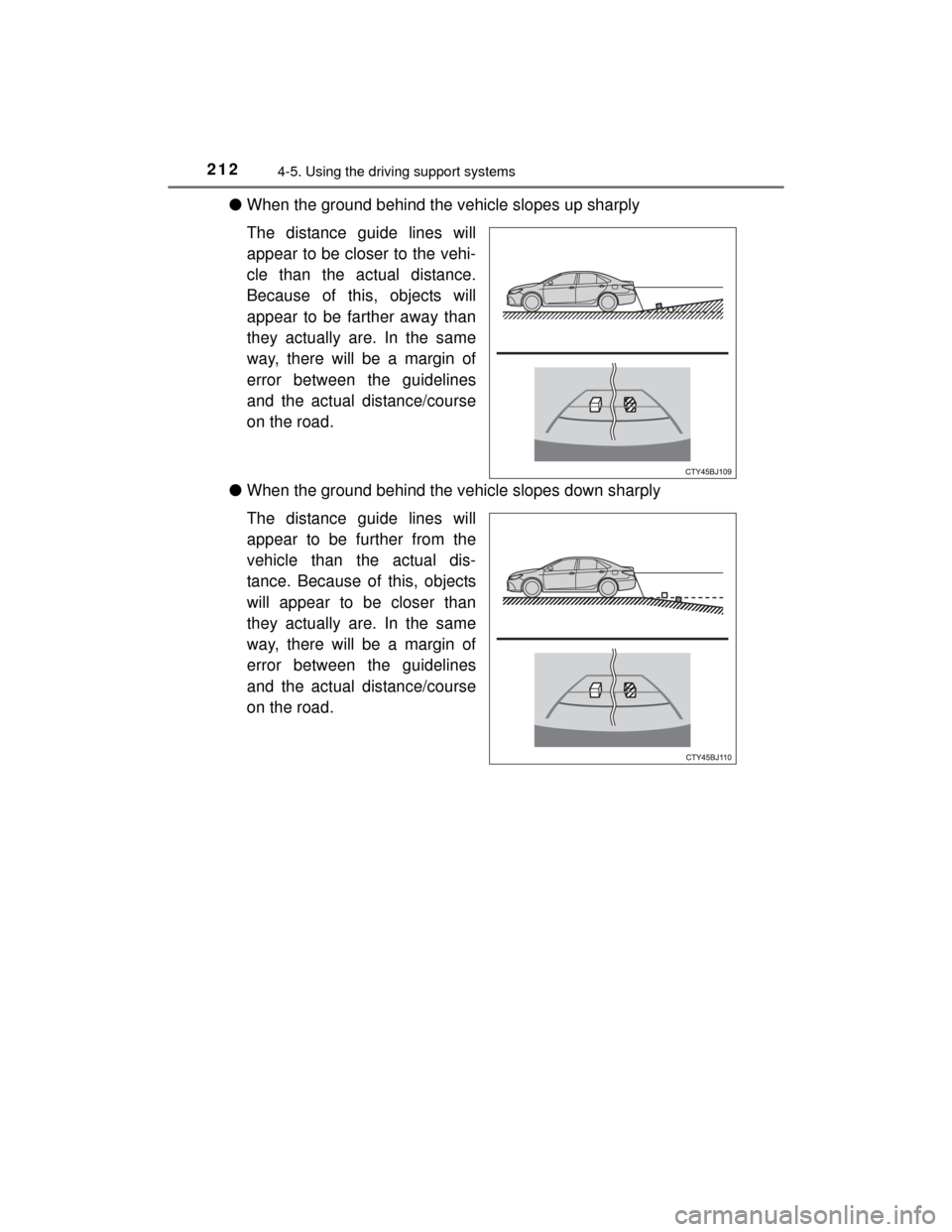 TOYOTA CAMRY HYBRID 2015 XV50 / 9.G Owners Manual 2124-5. Using the driving support systems
CAMRY_HV_U (OM33A87U)
●When the ground behind the vehicle slopes up sharply
The distance guide lines will
appear to be closer to the vehi-
cle than the actu