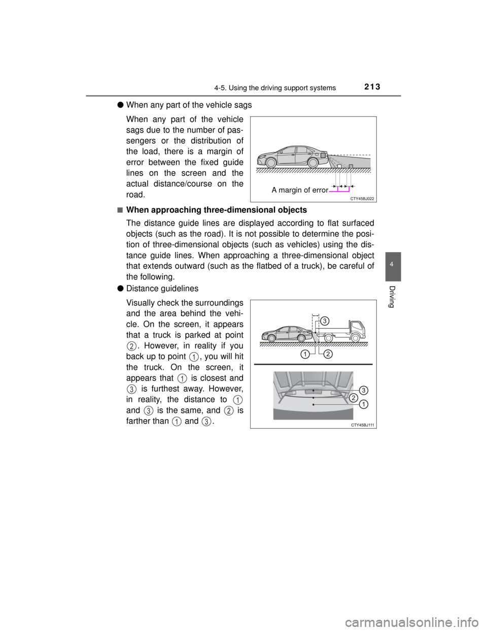 TOYOTA CAMRY HYBRID 2015 XV50 / 9.G Owners Manual 2134-5. Using the driving support systems
4
Driving
CAMRY_HV_U (OM33A87U)
●When any part of the vehicle sags
When any part of the vehicle
sags due to the number of pas-
sengers or the distribution o
