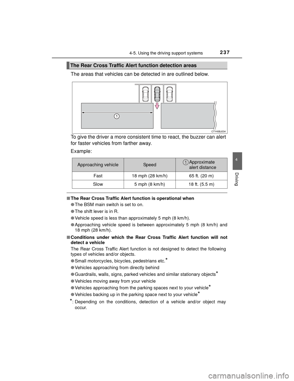 TOYOTA CAMRY HYBRID 2015 XV50 / 9.G Owners Manual 2374-5. Using the driving support systems
4
Driving
CAMRY_HV_U (OM33A87U)
The areas that vehicles can be detected in are outlined below.
To give the driver a more consistent time to react, the buzzer TOYOTA CAMRY HYBRID 2015 XV50 / 9.G Owners Manual 2374-5. Using the driving support systems
4
Driving
CAMRY_HV_U (OM33A87U)
The areas that vehicles can be detected in are outlined below.
To give the driver a more consistent time to react, the buzzer