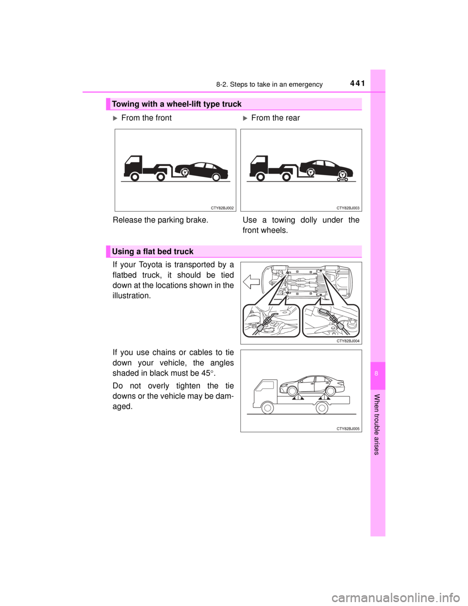 TOYOTA CAMRY HYBRID 2015 XV50 / 9.G Owners Manual 4418-2. Steps to take in an emergency
8
When trouble arises
CAMRY_HV_U (OM33A87U)
If your Toyota is transported by a
flatbed truck, it should be tied
down at the locations shown in the
illustration.
I