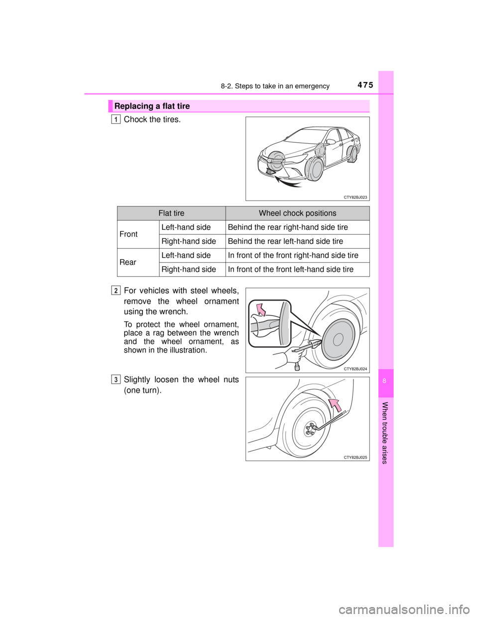 TOYOTA CAMRY HYBRID 2015 XV50 / 9.G Owners Manual 4758-2. Steps to take in an emergency
8
When trouble arises
CAMRY_HV_U (OM33A87U)
Chock the tires.
For vehicles with steel wheels,
remove the wheel ornament
using the wrench.
To protect the wheel orna