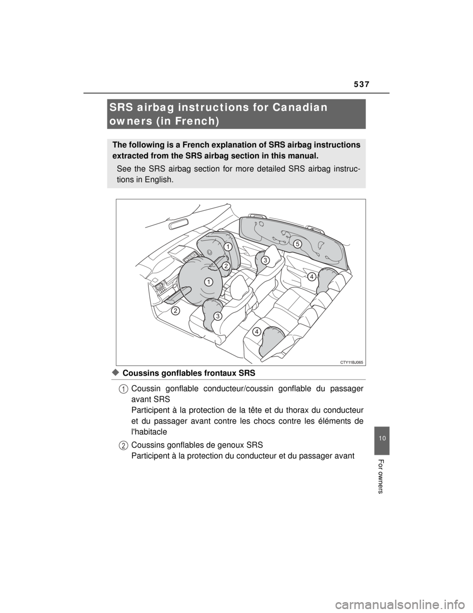 TOYOTA CAMRY HYBRID 2015 XV50 / 9.G Owners Manual 537
10
For owners
CAMRY_HV_U (OM33A87U)
◆Coussins gonflables frontaux SRSCoussin gonflable conducteur/coussin gonflable du passager
avant SRS
Participent à la protection de la tête et du thorax du
