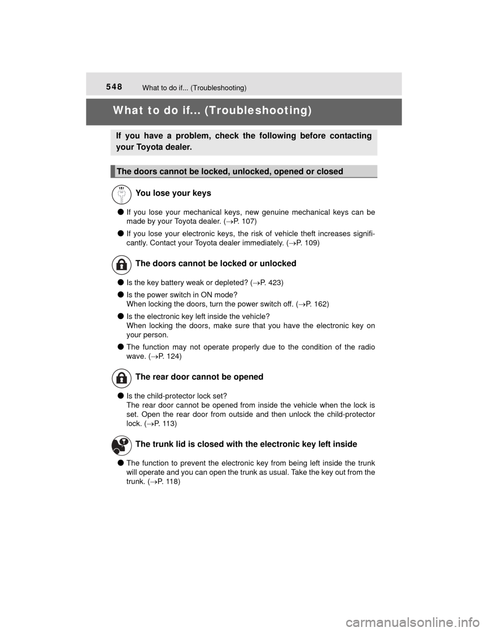 TOYOTA CAMRY HYBRID 2015 XV50 / 9.G Owners Manual 548
CAMRY_HV_U (OM33A87U)
What to do if... (Troubleshooting)
What to do if... (Troubleshooting)
●If you lose your mechanical keys, new genuine mechanical keys can be
made by your Toyota dealer. (