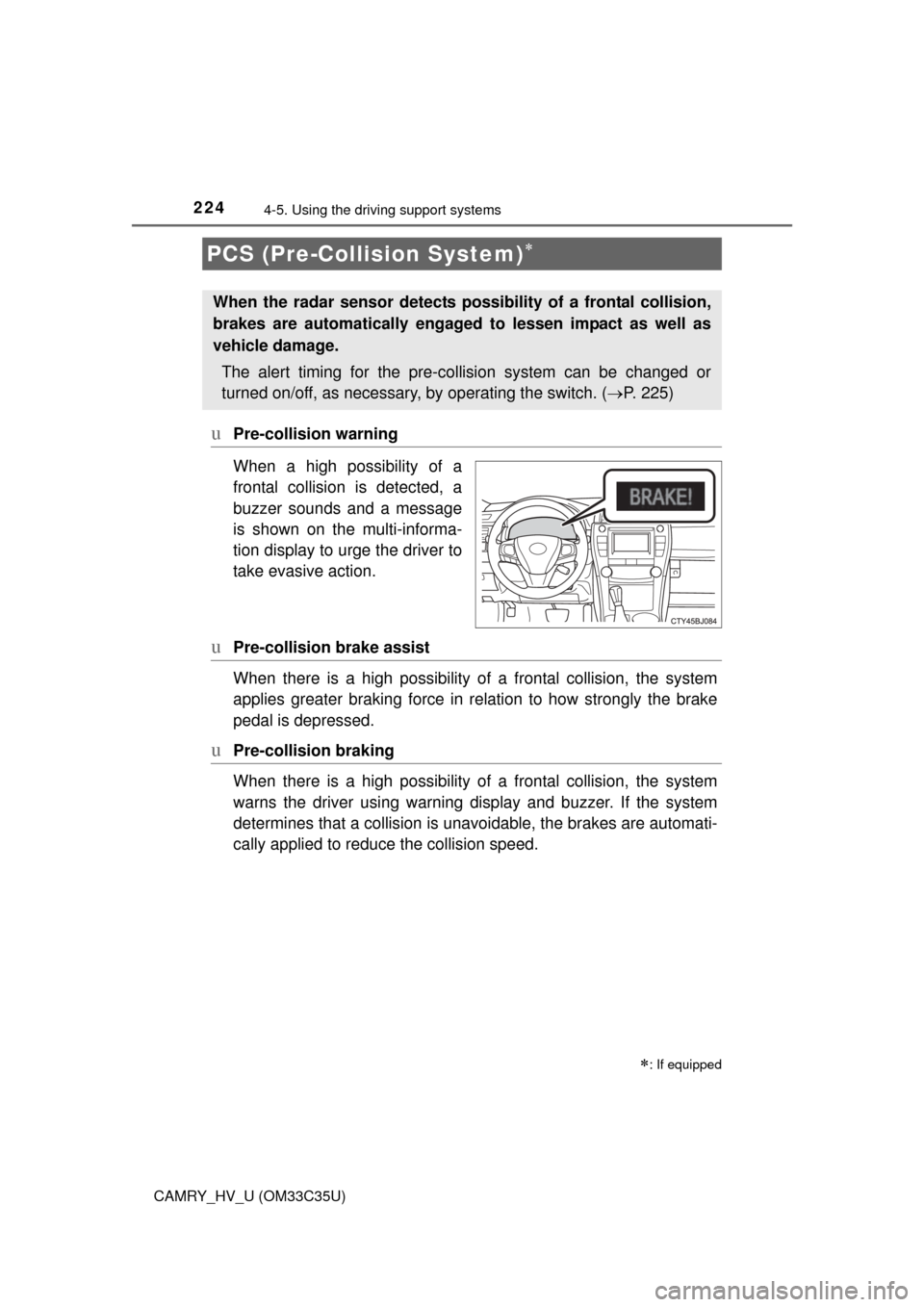 TOYOTA CAMRY HYBRID 2016 XV50 / 9.G Owners Manual 2244-5. Using the driving support systems
CAMRY_HV_U (OM33C35U)
uPre-collision warning
When a high possibility of a
frontal collision is detected, a
buzzer sounds and a message
is shown on the multi-i