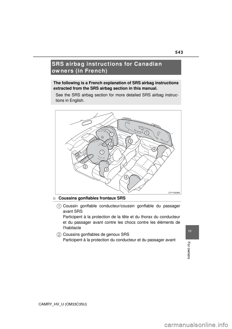 TOYOTA CAMRY HYBRID 2016 XV50 / 9.G Owners Manual 543
10
For owners
CAMRY_HV_U (OM33C35U)
uCoussins gonflables frontaux SRSCoussin gonflable co nducteur/coussin gonflable du passager
avant SRS
Participent à la protection de la tête et du thorax du 