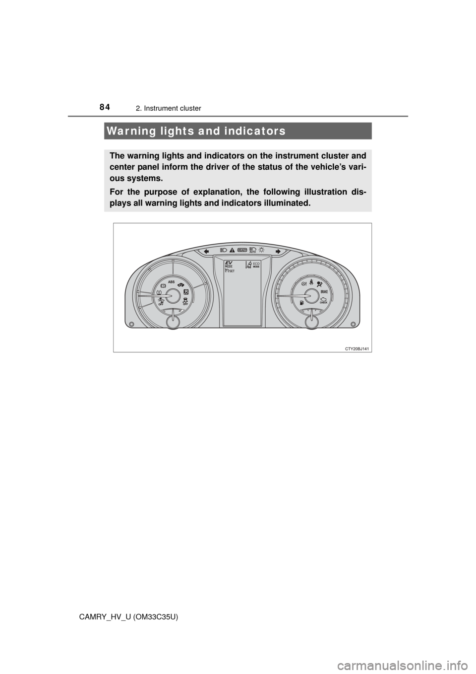 TOYOTA CAMRY HYBRID 2016 XV50 / 9.G Owners Manual 84
CAMRY_HV_U (OM33C35U)
2. Instrument cluster
Warning lights and indicators
The warning lights and indicators on the instrument cluster and
center panel inform the driver of the status of the vehicle