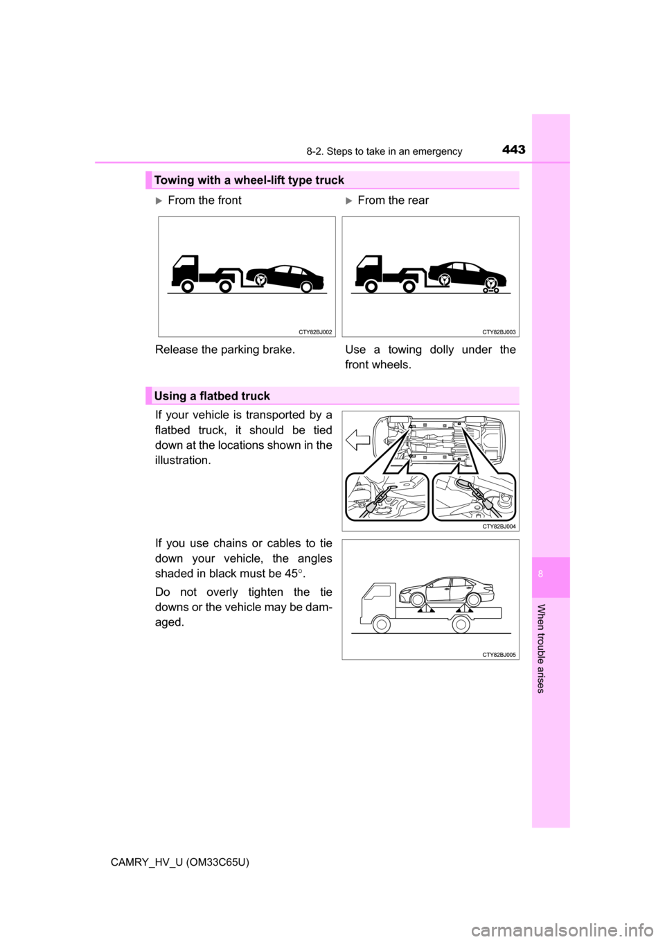 TOYOTA CAMRY HYBRID 2017 XV50 / 9.G Owners Manual 4438-2. Steps to take in an emergency
8
When trouble arises
CAMRY_HV_U (OM33C65U)
If your vehicle is transported by a
flatbed truck, it should be tied
down at the locations shown in the
illustration.
