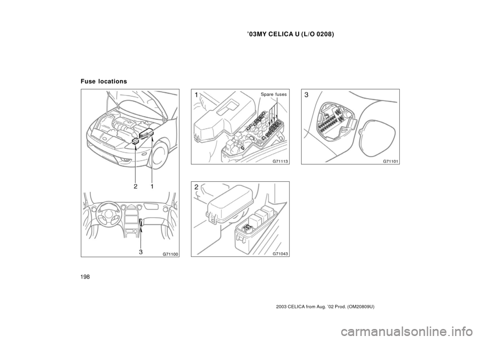 TOYOTA CELICA 2003 T230 / 7.G Owners Manual ’03MY CELICA U (L/O 0208)
198
2003 CELICA from Aug. ’02 Prod. (OM20809U)
Spare fuses
Fuse locations 