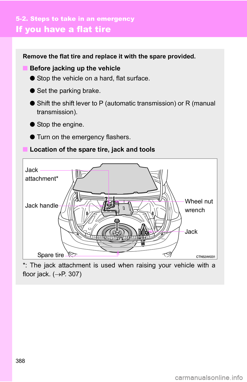 TOYOTA COROLLA 2009 10.G Owners Manual 388
5-2. Steps to take in an emergency
If you have a flat tire
Remove the flat tire and replace it with the spare provided.
■Before jacking up the vehicle
●Stop the vehicle on a hard, flat surface