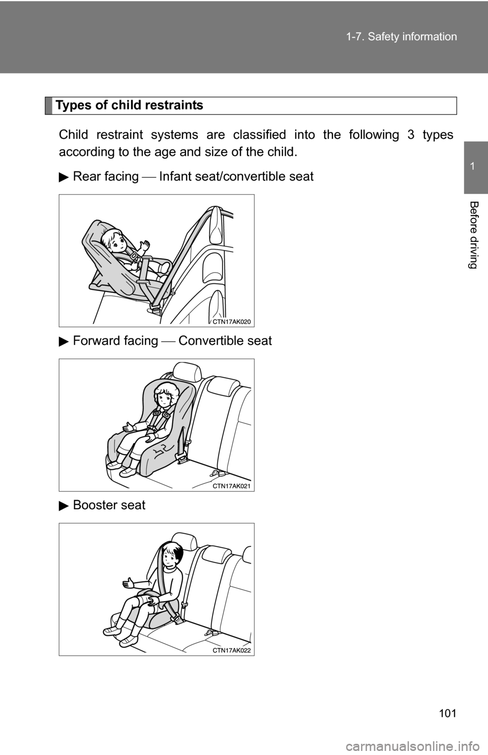 TOYOTA COROLLA 2010 10.G Owners Manual 101
1-7. Safety information
1
Before driving
Types of child restraints
Child restraint systems are classi fied into the following 3 types
according to the age and size of the child.
Rear facing   I