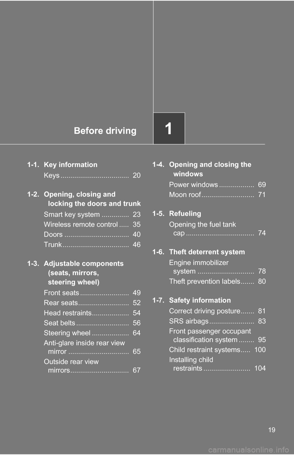 TOYOTA COROLLA 2010 10.G Owners Manual Before driving1
19
1-1. Key informationKeys ................................... 20
1-2. Opening, closing and locking the doors and trunk
Smart key system .............. 23
Wireless remote control . TOYOTA COROLLA 2010 10.G Owners Manual Before driving1
19
1-1. Key informationKeys ................................... 20
1-2. Opening, closing and locking the doors and trunk
Smart key system .............. 23
Wireless remote control .