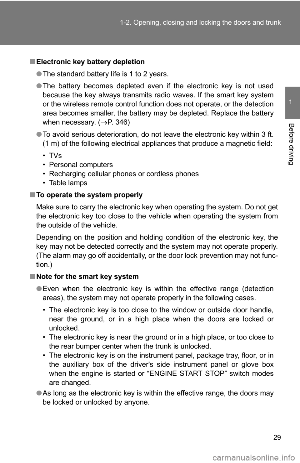 TOYOTA COROLLA 2010 10.G Owners Manual 29
1-2. Opening, closing and locking the doors and trunk
1
Before driving
■
Electronic key battery depletion
●The standard battery life is 1 to 2 years.
● The battery becomes depleted even if t TOYOTA COROLLA 2010 10.G Owners Manual 29
1-2. Opening, closing and locking the doors and trunk
1
Before driving
■
Electronic key battery depletion
●The standard battery life is 1 to 2 years.
● The battery becomes depleted even if t