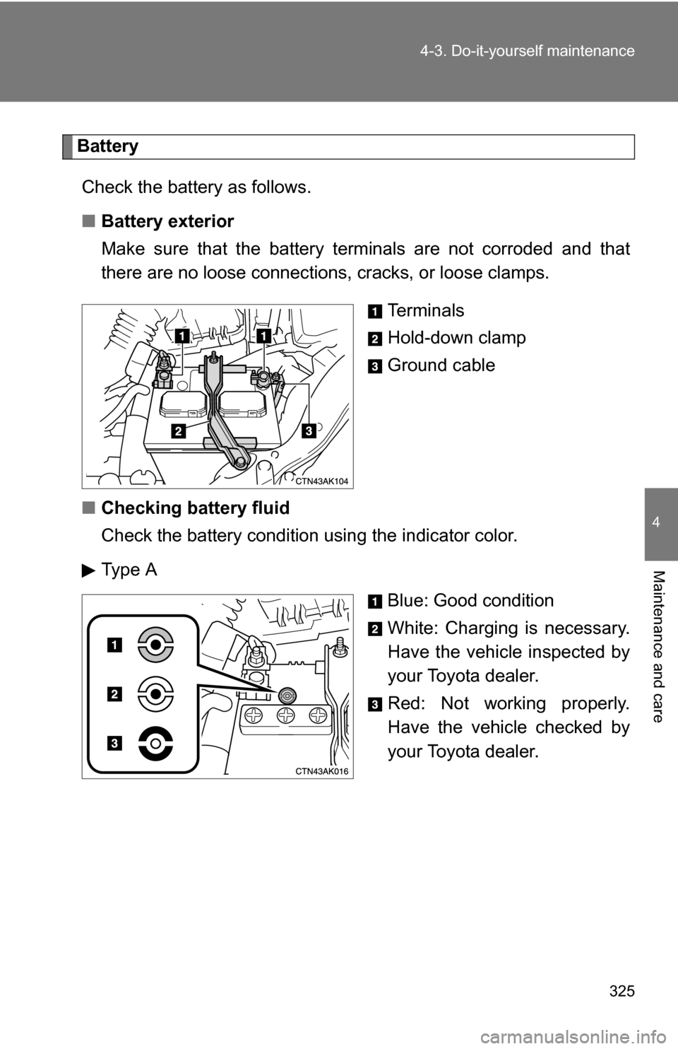 TOYOTA COROLLA 2010 10.G Owners Manual 325
4-3. Do-it-yourself maintenance
4
Maintenance and care
Battery
Check the battery as follows.
■ Battery exterior
Make sure that the battery terminals are not corroded and that
there are no loose 