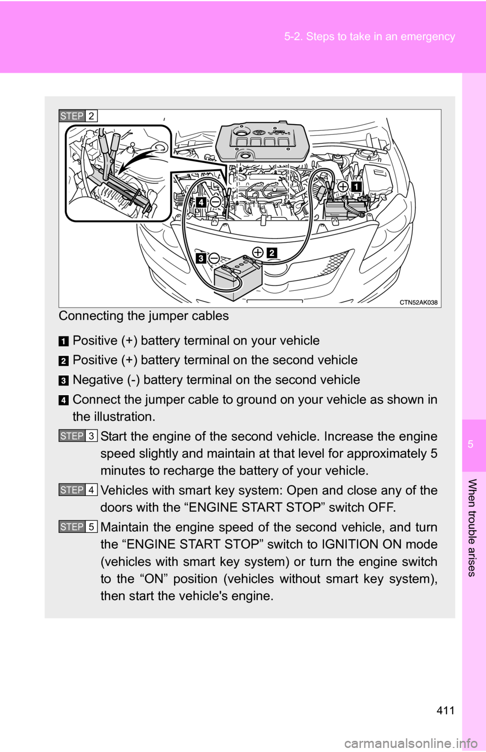 TOYOTA COROLLA 2010 10.G Owners Manual 5
When trouble arises
411
5-2. Steps to take in an emergency
Connecting the jumper cables 
Positive (+) battery terminal on your vehicle
Positive (+) battery terminal on the second vehicle
Negative (-