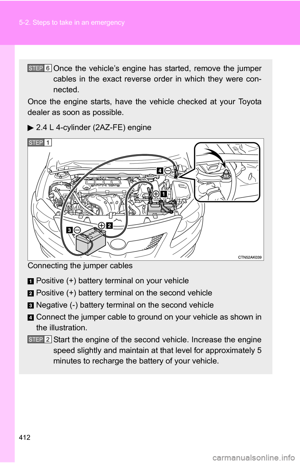 TOYOTA COROLLA 2010 10.G Owners Manual 412 5-2. Steps to take in an emergency
Once the vehicle’s engine has started, remove the jumper
cables in the exact reverse order in which they were con-
nected.
Once the engine starts, have the veh
