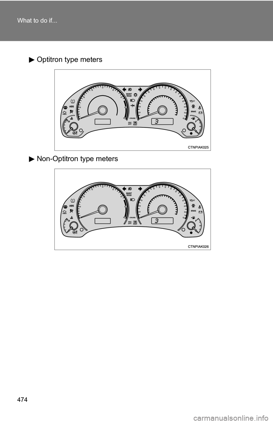 TOYOTA COROLLA 2010 10.G Owners Manual 474 What to do if...
Optitron type meters
Non-Optitron type meters 