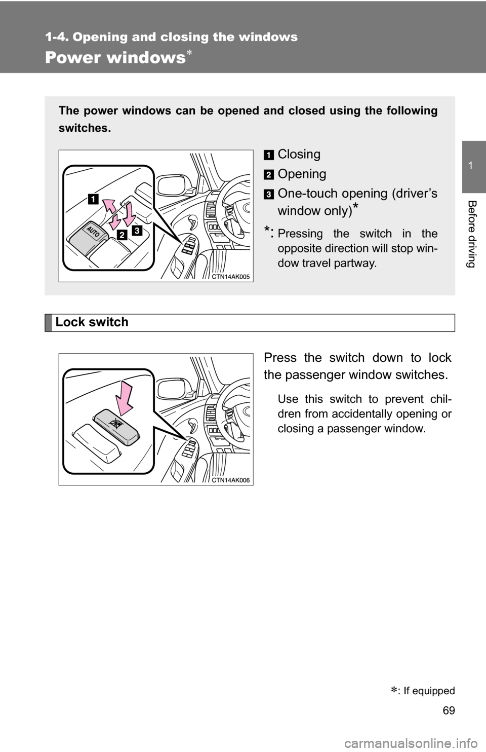 TOYOTA COROLLA 2010 10.G Owners Manual 69
1
Before driving
1-4. Opening and closing the windows
Power windows
Lock switchPress the switch down to lock
the passenger window switches.
Use this switch to prevent chil-
dren from accidentall
