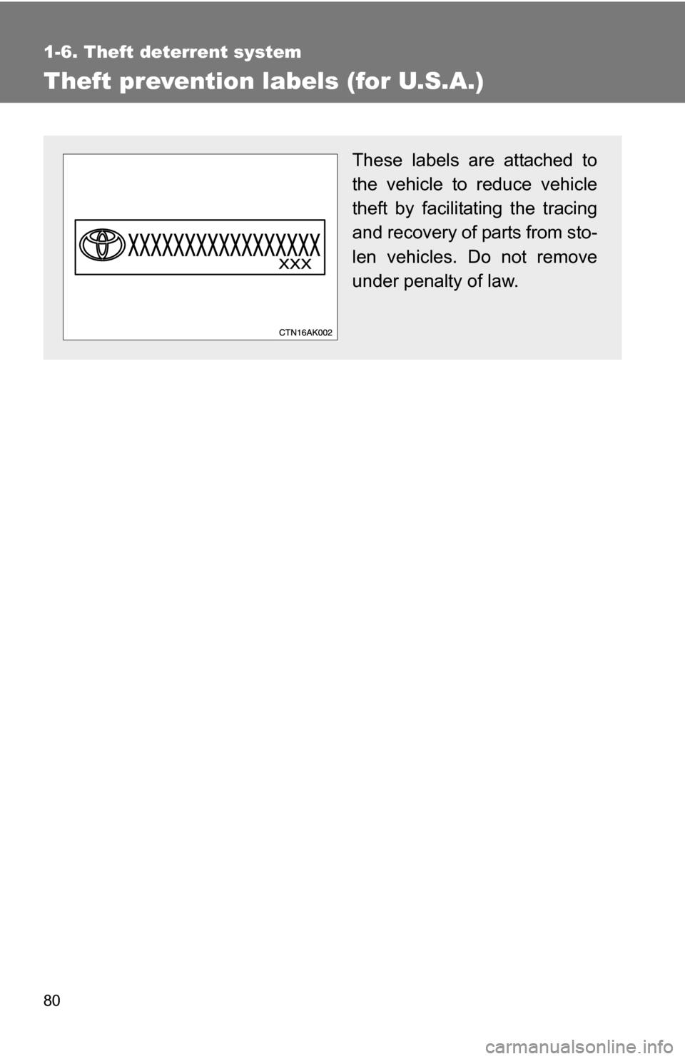 TOYOTA COROLLA 2010 10.G Owners Manual 80
1-6. Theft deterrent system
Theft prevention labels (for U.S.A.)
These labels are attached to
the vehicle to reduce vehicle
theft by facilitating the tracing
and recovery of parts from sto-
len veh