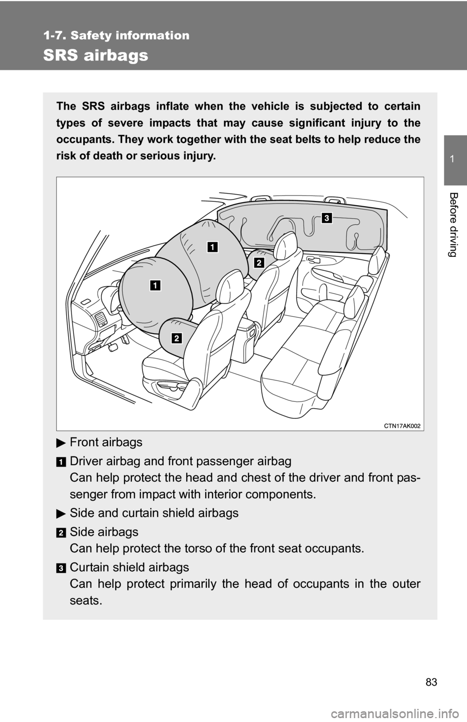 TOYOTA COROLLA 2010 10.G Owners Manual 83
1
1-7. Safety information
Before driving
SRS airbags
The SRS airbags inflate when the vehicle is subjected to certain
types of severe impacts that may  cause significant injury to the
occupants. Th