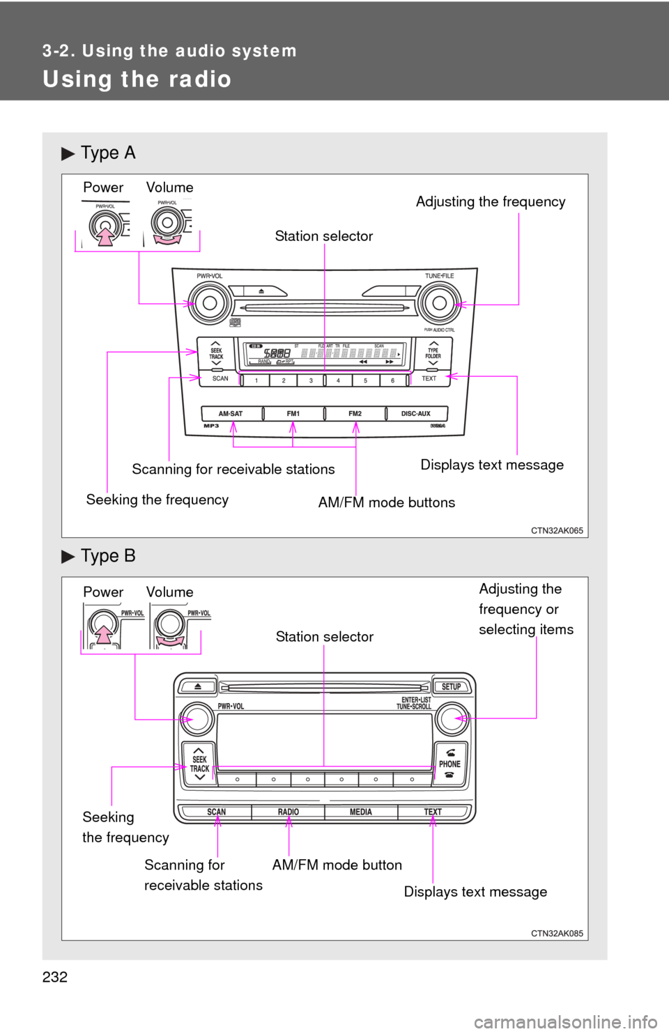 TOYOTA COROLLA 2012 10.G Owners Manual 232
3-2. Using the audio system
Using the radio
Ty p e  A
Ty p e  B
Vo lu m e
Seeking the frequency Station selector
AM/FM mode buttons Adjusting the frequency Power
Scanning for receivable stationsDi