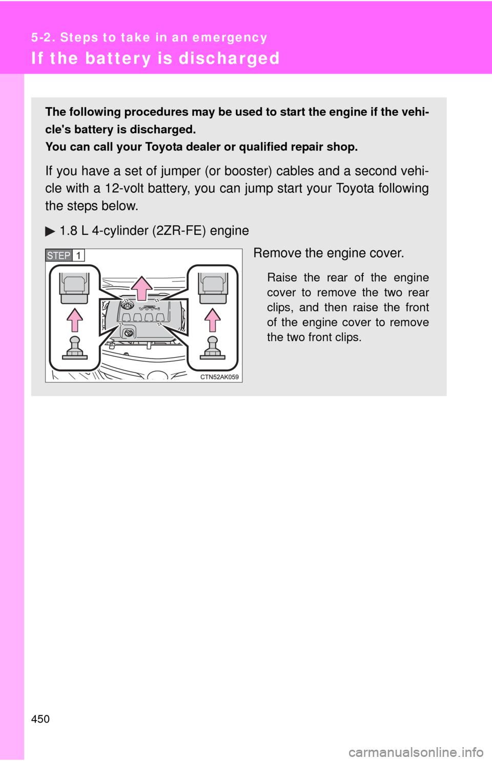 TOYOTA COROLLA 2012 10.G Owners Manual 450
5-2. Steps to take in an emergency
If the batter y is discharged
The following procedures may be used to start the engine if the vehi-
cles battery is discharged.
You can call your Toyota dealer 