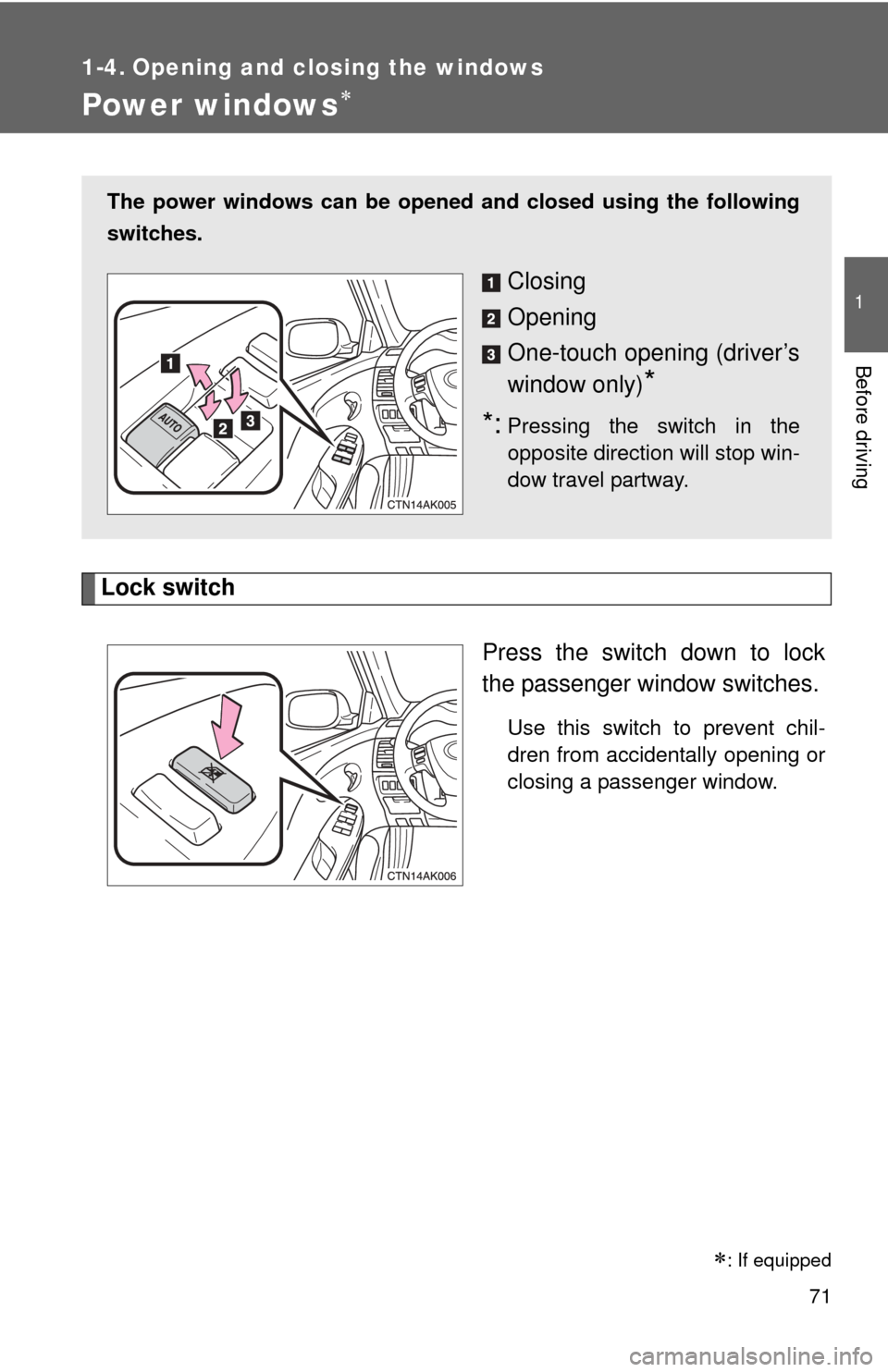 TOYOTA COROLLA 2012 10.G Owners Manual 71
1
Before driving
1-4. Opening and closing the windows
Power windows
Lock switchPress the switch down to lock
the passenger window switches.
Use this switch to prevent chil-
dren from accidentall