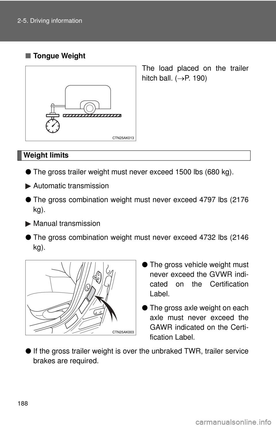 TOYOTA COROLLA 2013 11.G Owners Manual 188 2-5. Driving information
■Tongue Weight
The load placed on the trailer
hitch ball. (P. 190)
Weight limits
● The gross trailer weight must never exceed 1500 lbs (680 kg).
Automatic transmiss