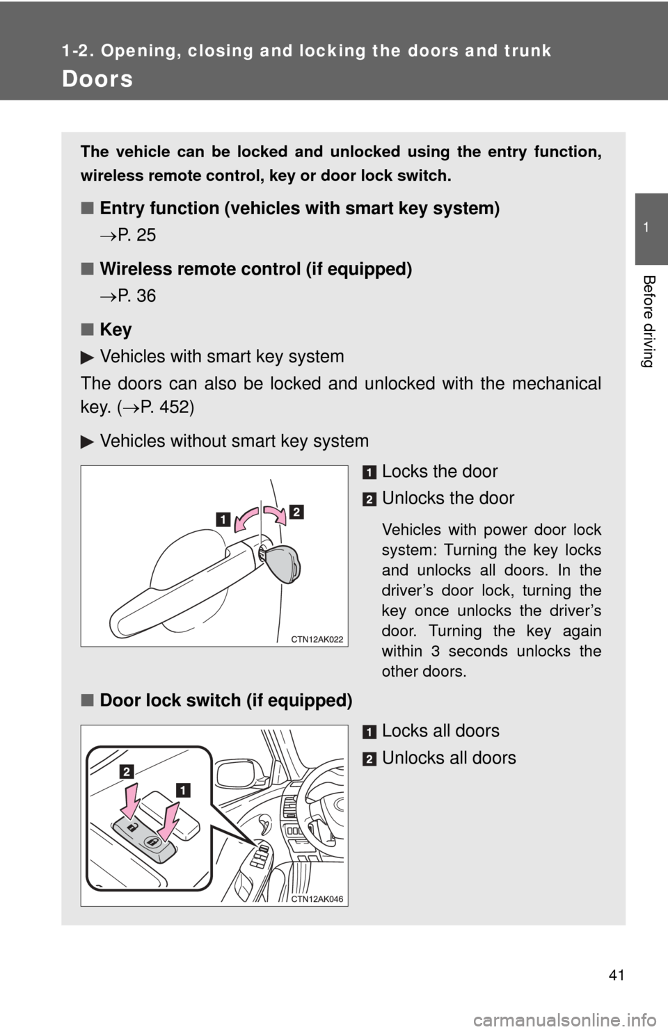 TOYOTA COROLLA 2013 11.G Owners Manual 41
1
1-2. Opening, closing and locking the doors and trunk
Before driving
Doors
The vehicle can be locked and unlocked using the entry function,
wireless remote control, key or door lock switch.
■En