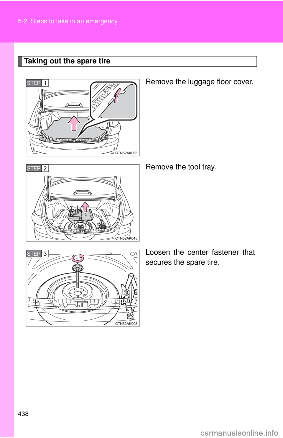 TOYOTA COROLLA 2013 11.G Owners Manual 438 5-2. Steps to take in an emergency
Taking out the spare tireRemove the luggage floor cover.
Remove the tool tray.
Loosen the center fastener that
secures the spare tire.
STEP 1 
STEP 2 
STEP 3  