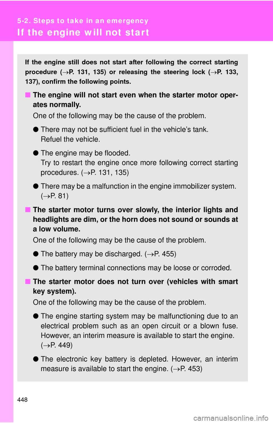 TOYOTA COROLLA 2013 11.G Owners Manual 448
5-2. Steps to take in an emergency
If the engine will not star t
If the engine still does not start after following the correct starting
procedure (P. 131, 135) or releasing the steering lock (