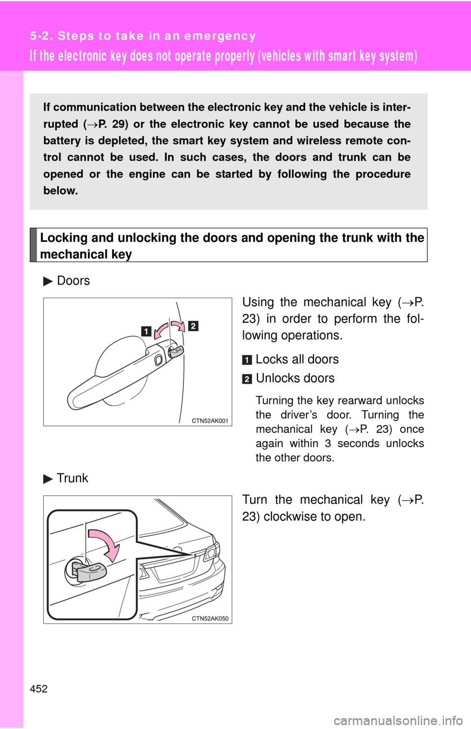 TOYOTA COROLLA 2013 11.G Owners Manual 452
5-2. Steps to take in an emergency
If the electronic key does not operate properly (vehicles with smart key system)
Locking and unlocking the doors and opening the trunk with the
mechanical keyDoo