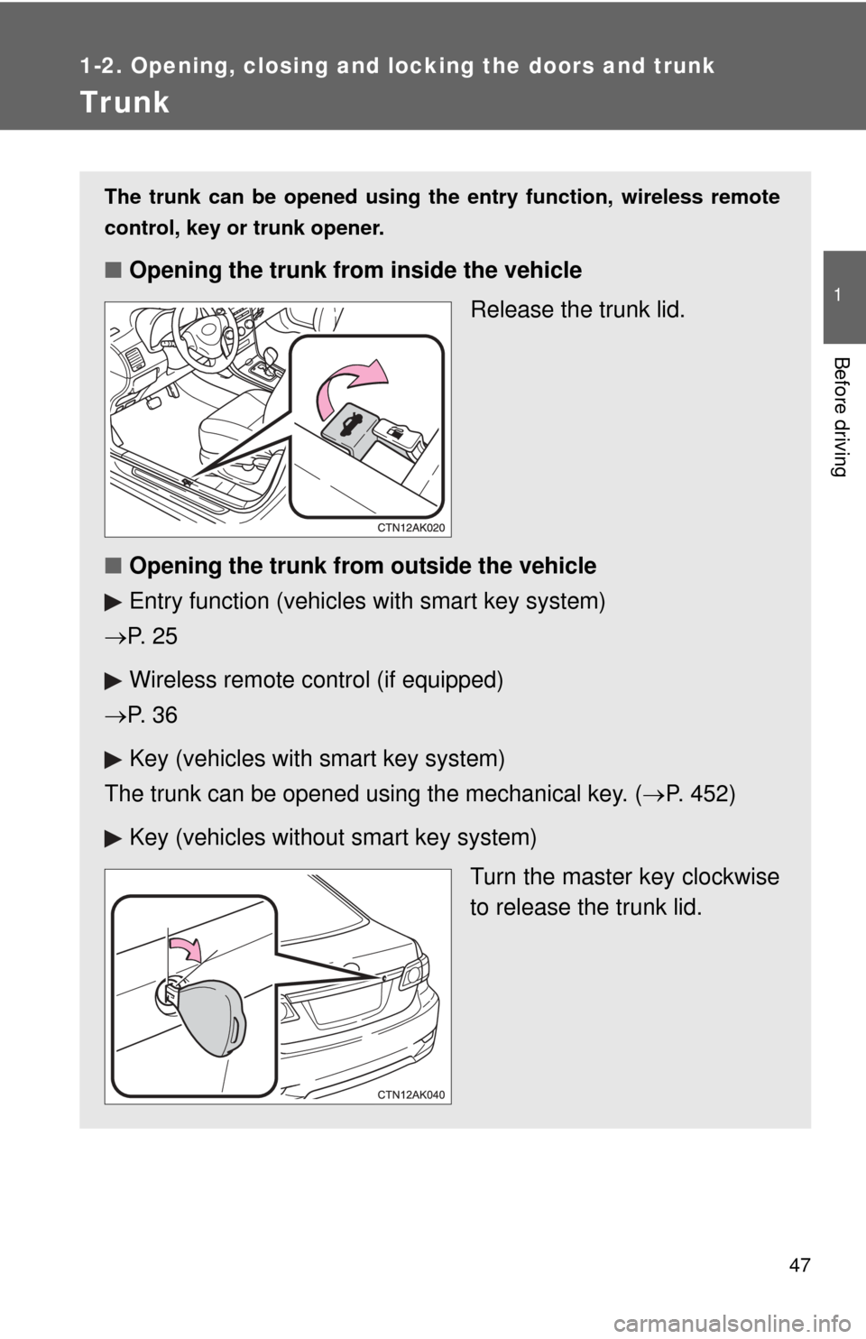 TOYOTA COROLLA 2013 11.G Owners Manual 47
1
1-2. Opening, closing and locking the doors and trunk
Before driving
Trunk
The trunk can be opened using the entry function, wireless remote
control, key or trunk opener. 
■ Opening the trunk f