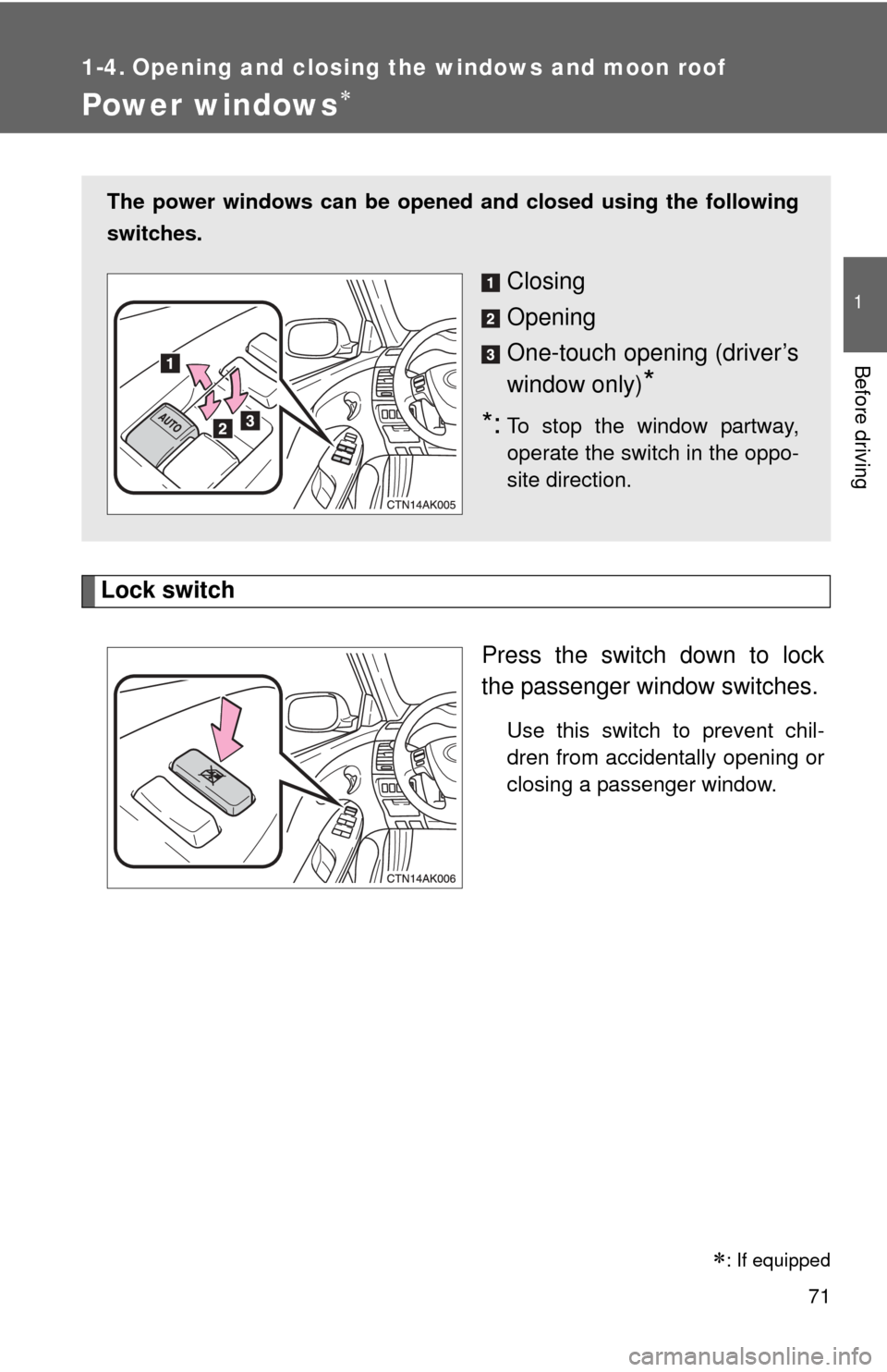 TOYOTA COROLLA 2013 11.G Owners Manual 71
1
Before driving
1-4. Opening and closing the windows and moon roof
Power windows
Lock switchPress the switch down to lock
the passenger window switches.
Use this switch to prevent chil-
dren fr