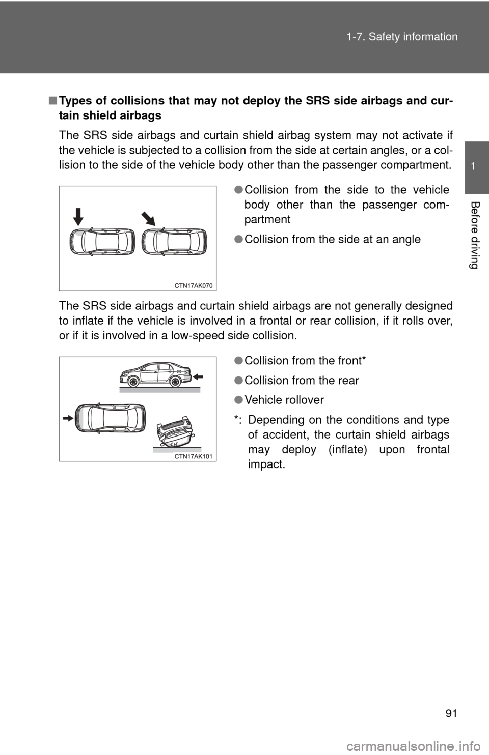 TOYOTA COROLLA 2013 11.G Owners Manual 91
1-7. Safety information
1
Before driving
■
Types of collisions that may not deploy the SRS side airbags and cur-
tain shield airbags
The SRS side airbags and curtain shield airbag system may not 