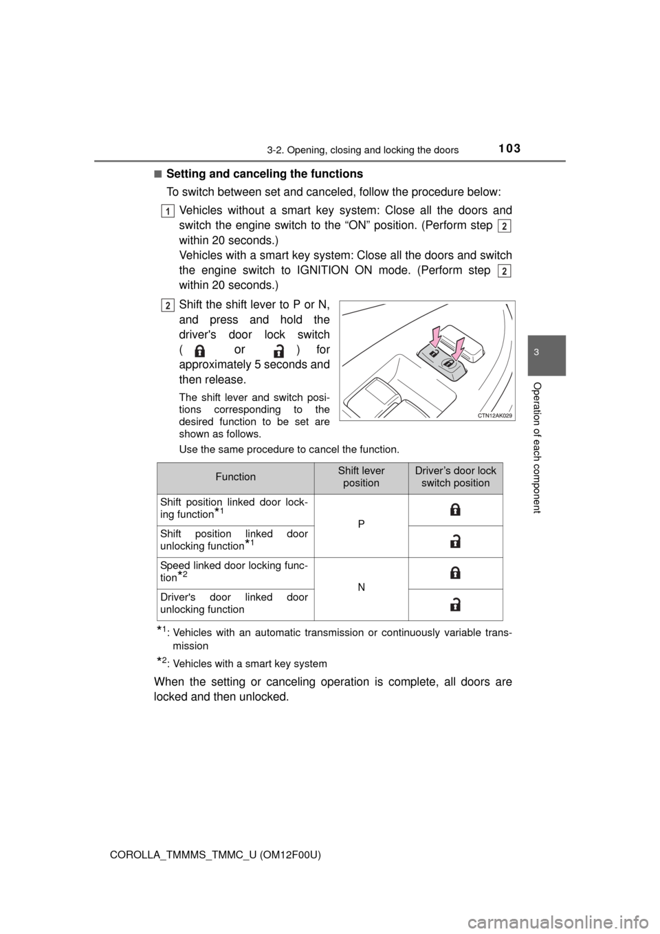 TOYOTA COROLLA 2014 11.G Owners Manual 1033-2. Opening, closing and locking the doors
3
Operation of each component
COROLLA_TMMMS_TMMC_U (OM12F00U)■
Setting and canceling the functions
To switch between set and canceled, follow the proce