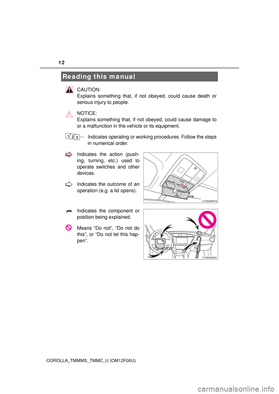 TOYOTA COROLLA 2014 11.G Owners Manual 12
COROLLA_TMMMS_TMMC_U (OM12F00U)
CAUTION: 
Explains something that, if not obeyed, could cause death or
serious injury to people.
NOTICE: 
Explains something that, if not obeyed, could cause damage 