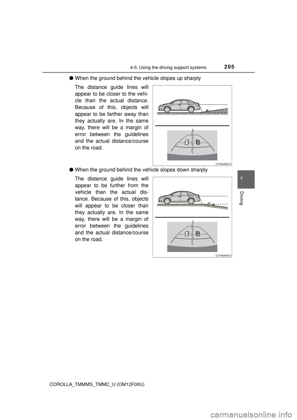 TOYOTA COROLLA 2014 11.G Owners Manual 2054-5. Using the driving support systems
4
Driving
COROLLA_TMMMS_TMMC_U (OM12F00U)
●When the ground behind the vehicle slopes up sharply
The distance guide lines will
appear to be closer to the veh