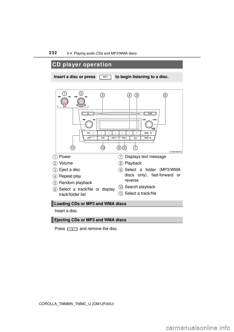 TOYOTA COROLLA 2014 11.G Owners Manual 232
COROLLA_TMMMS_TMMC_U (OM12F00U)
5-4. Playing audio CDs and MP3/WMA discs
Insert a disc.
Press   and remove the disc.
CD player operation
Insert a disc or press   to begin listening to a disc.
Powe
