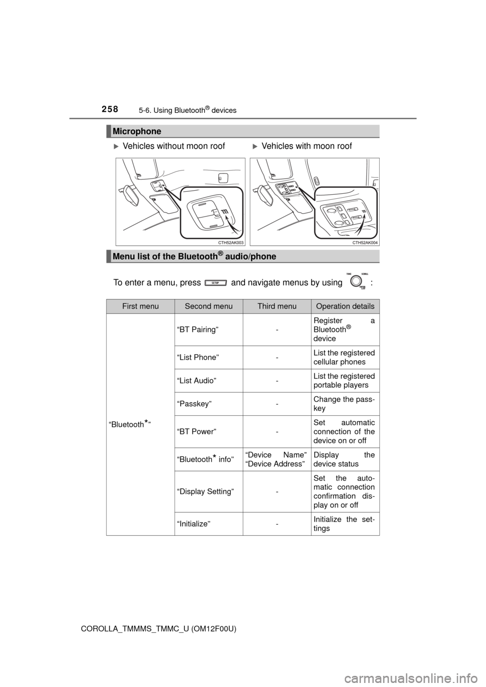 TOYOTA COROLLA 2014 11.G Owners Manual 2585-6. Using Bluetooth® devices
COROLLA_TMMMS_TMMC_U (OM12F00U)
To enter a menu, press   and navigate menus by using  :
Microphone
Vehicles without moon roofVehicles with moon roof
Menu list o