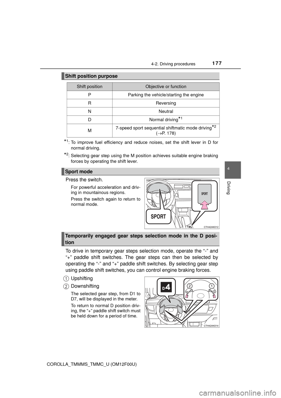 TOYOTA COROLLA 2015 11.G Owners Manual 1774-2. Driving procedures
4
Driving
COROLLA_TMMMS_TMMC_U (OM12F00U)
*1: To improve fuel efficiency and reduce noises, set the shift lever in D fornormal driving.
*2: Selecting gear step using the M p TOYOTA COROLLA 2015 11.G Owners Manual 1774-2. Driving procedures
4
Driving
COROLLA_TMMMS_TMMC_U (OM12F00U)
*1: To improve fuel efficiency and reduce noises, set the shift lever in D fornormal driving.
*2: Selecting gear step using the M p