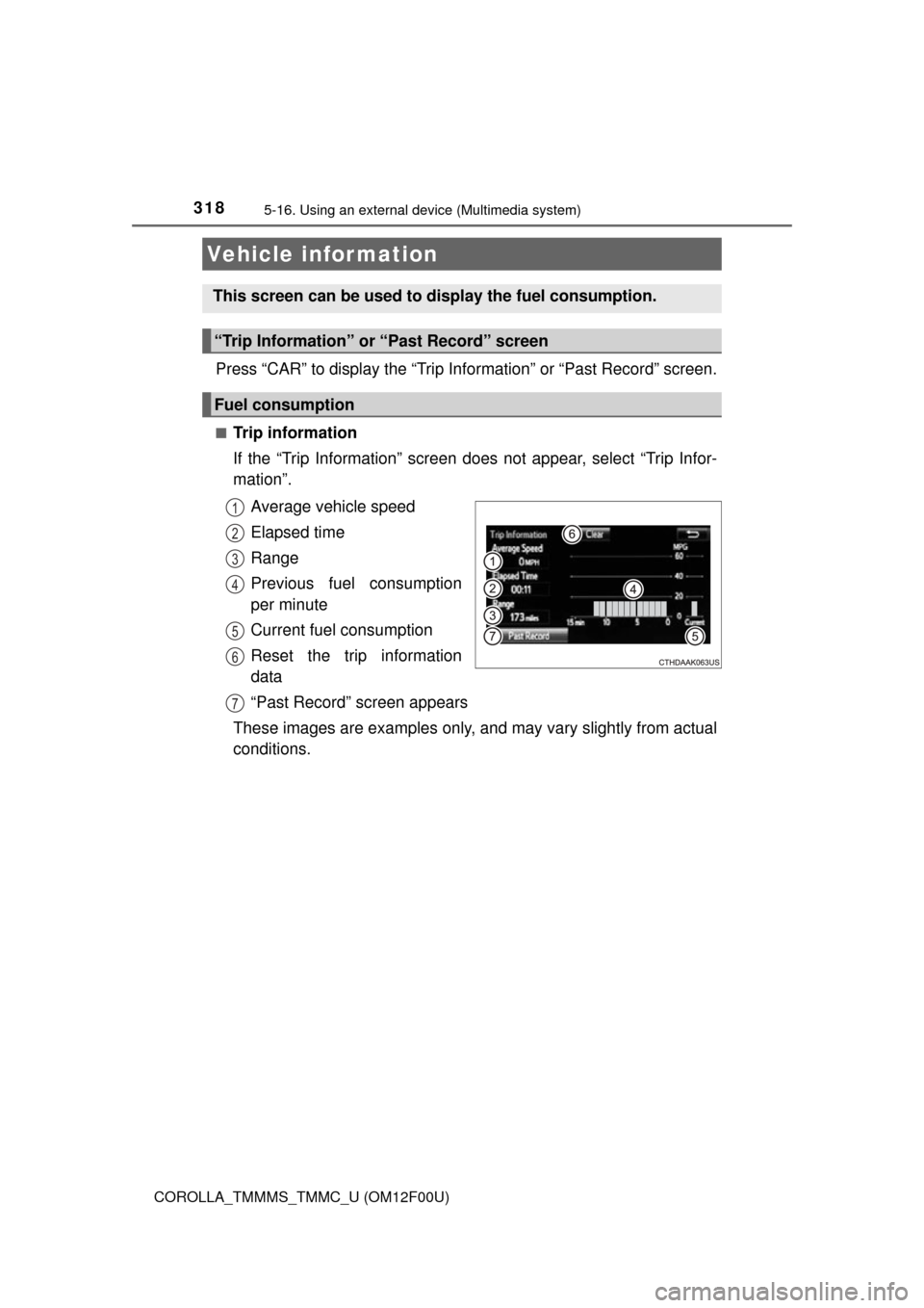TOYOTA COROLLA 2015 11.G Owners Manual 3185-16. Using an external device (Multimedia system)
COROLLA_TMMMS_TMMC_U (OM12F00U)
Press “CAR” to display the “Trip Information” or “Past Record” screen.
■Trip information
If the “T